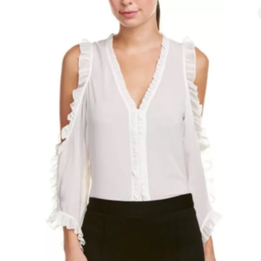Alice+Olivia - Claudette Ruffle Trim Cold Shoulder Stretch Silk Blouse Sz L